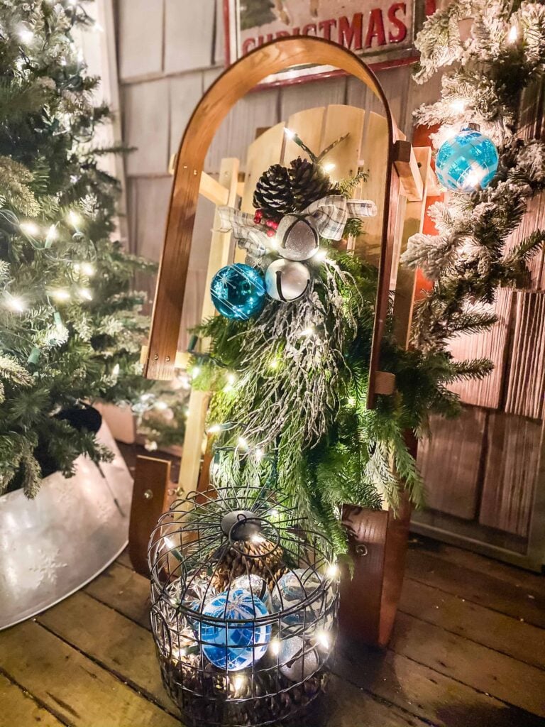 decorated sled on porch