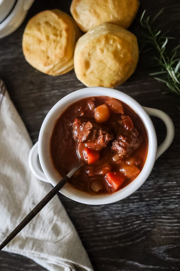 beef stew in white soup bowl