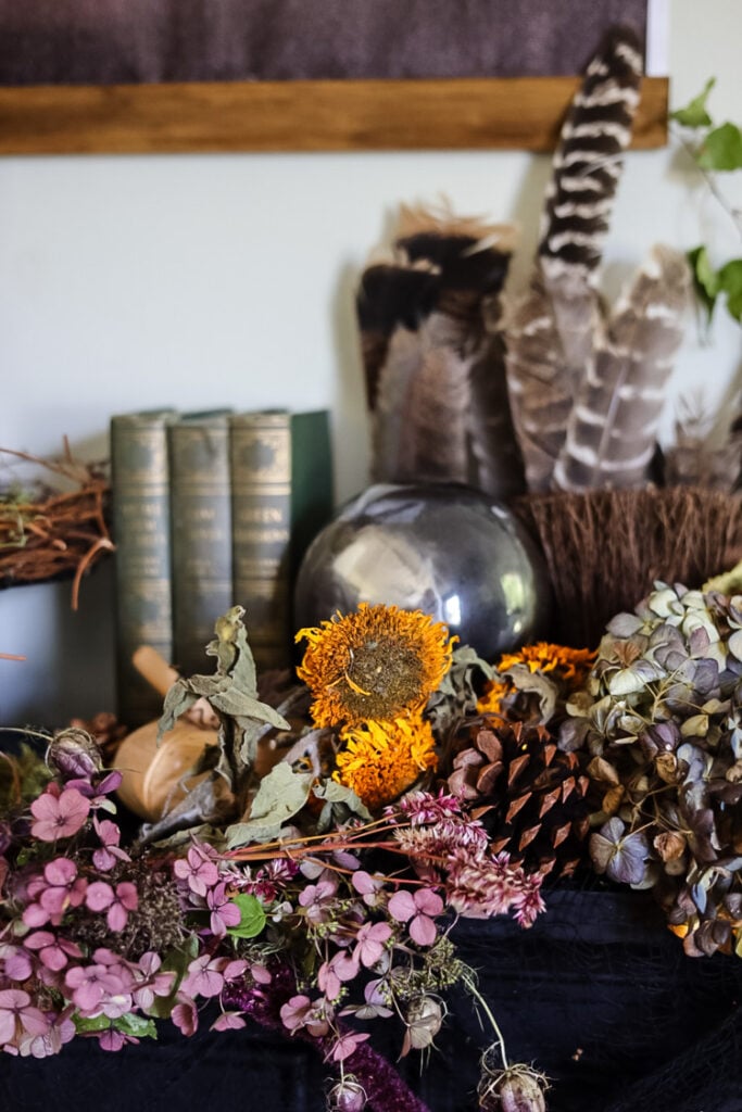 witch themed mantle with crystal ball