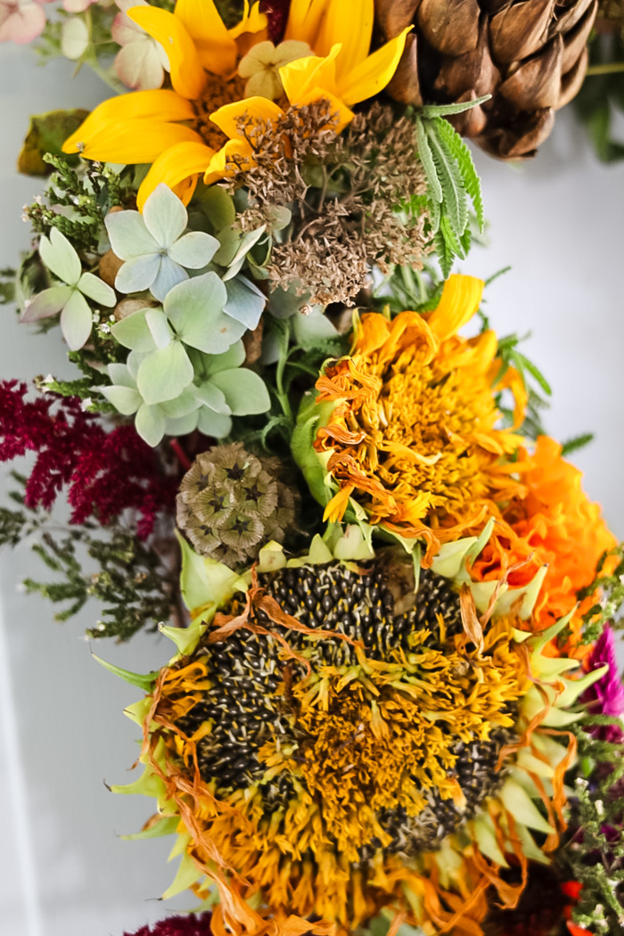 closeup of a wreath made of fresh flowers from the garden