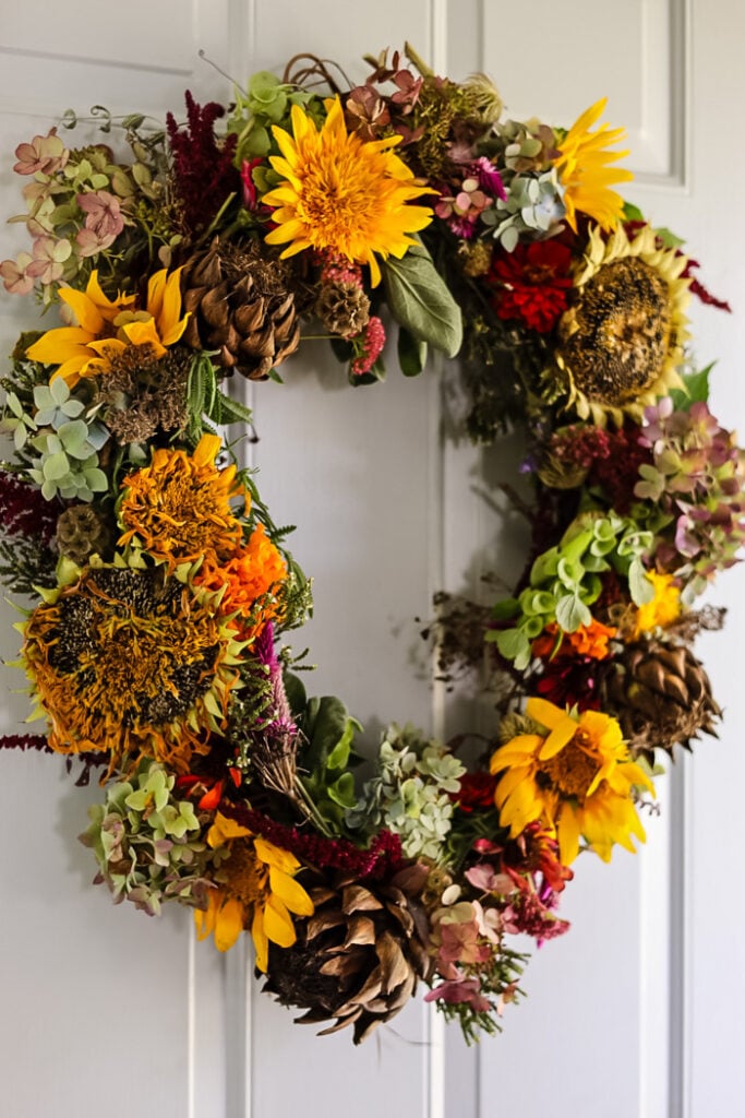 wreath made of flowers on front door