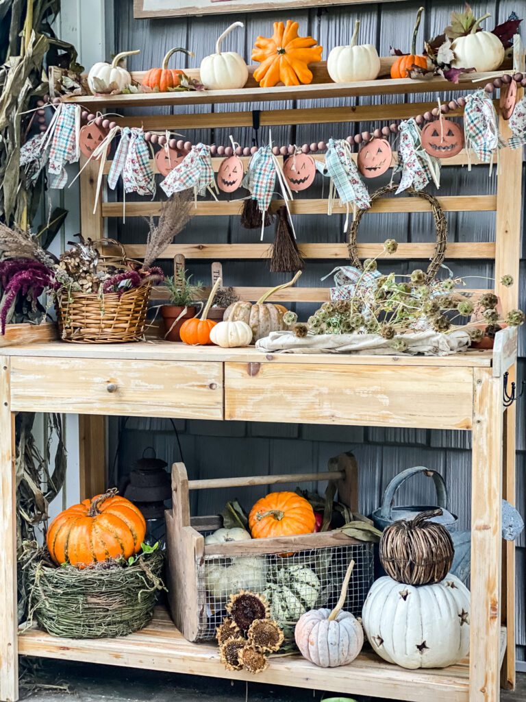 potting bench decorted for Fall