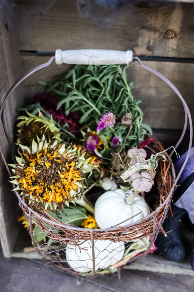basket with flowers and pumpkins