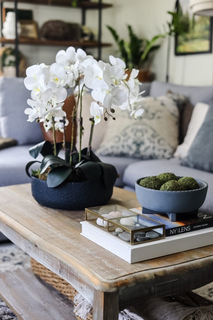 orchid arrangement on coffee table