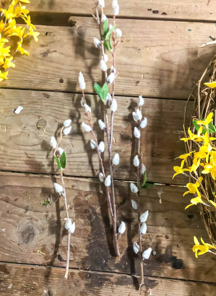 pussy willow stems on a wood table