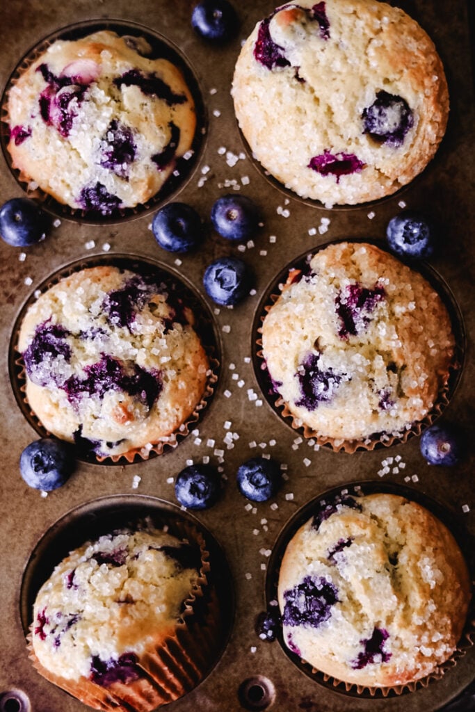 muffin pan with blueberry muffins