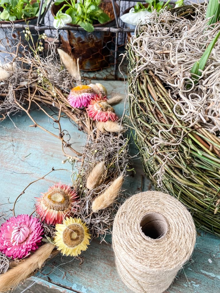 wreath, twine, and ,mossy basket