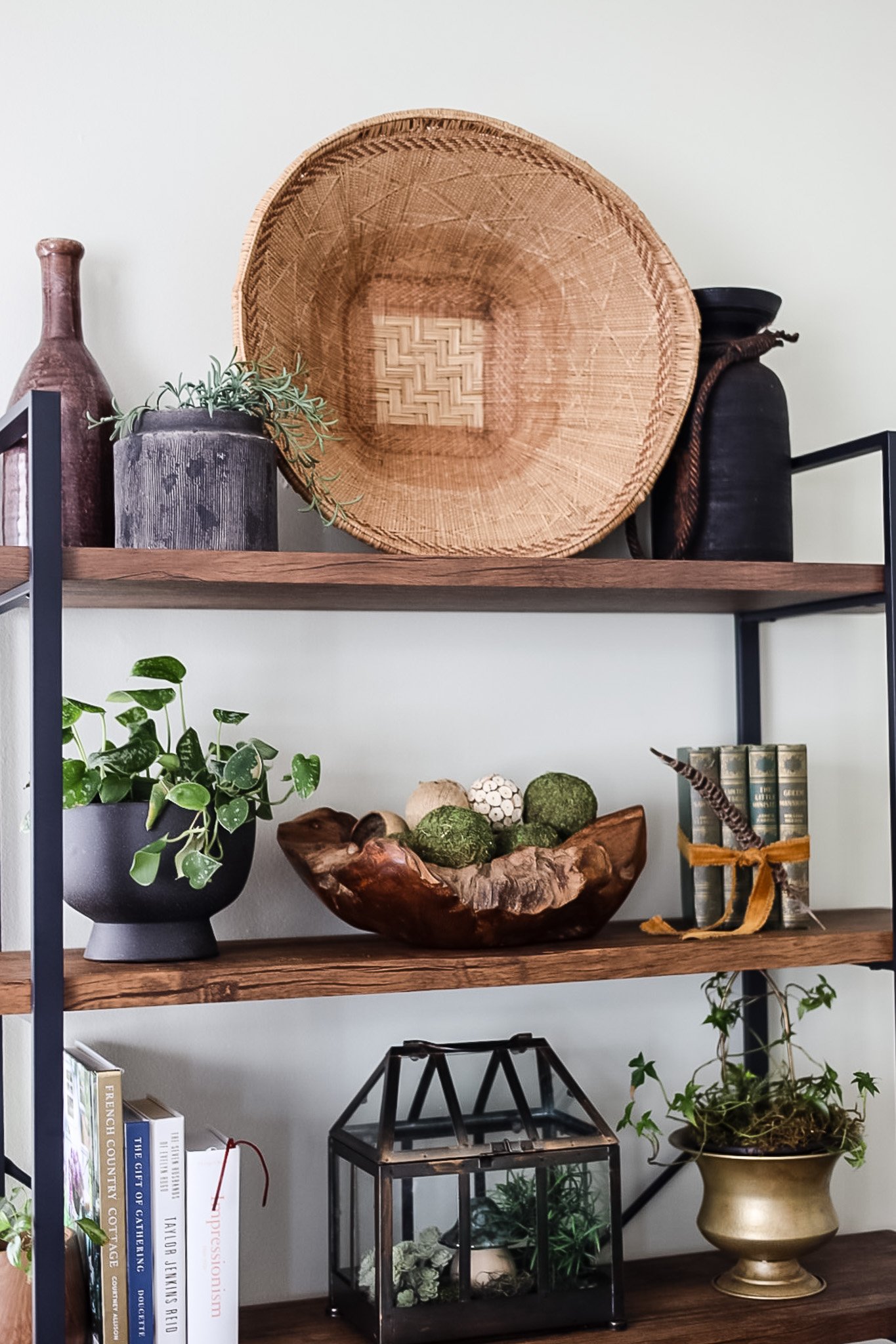bookcase with large basket, plants, and books