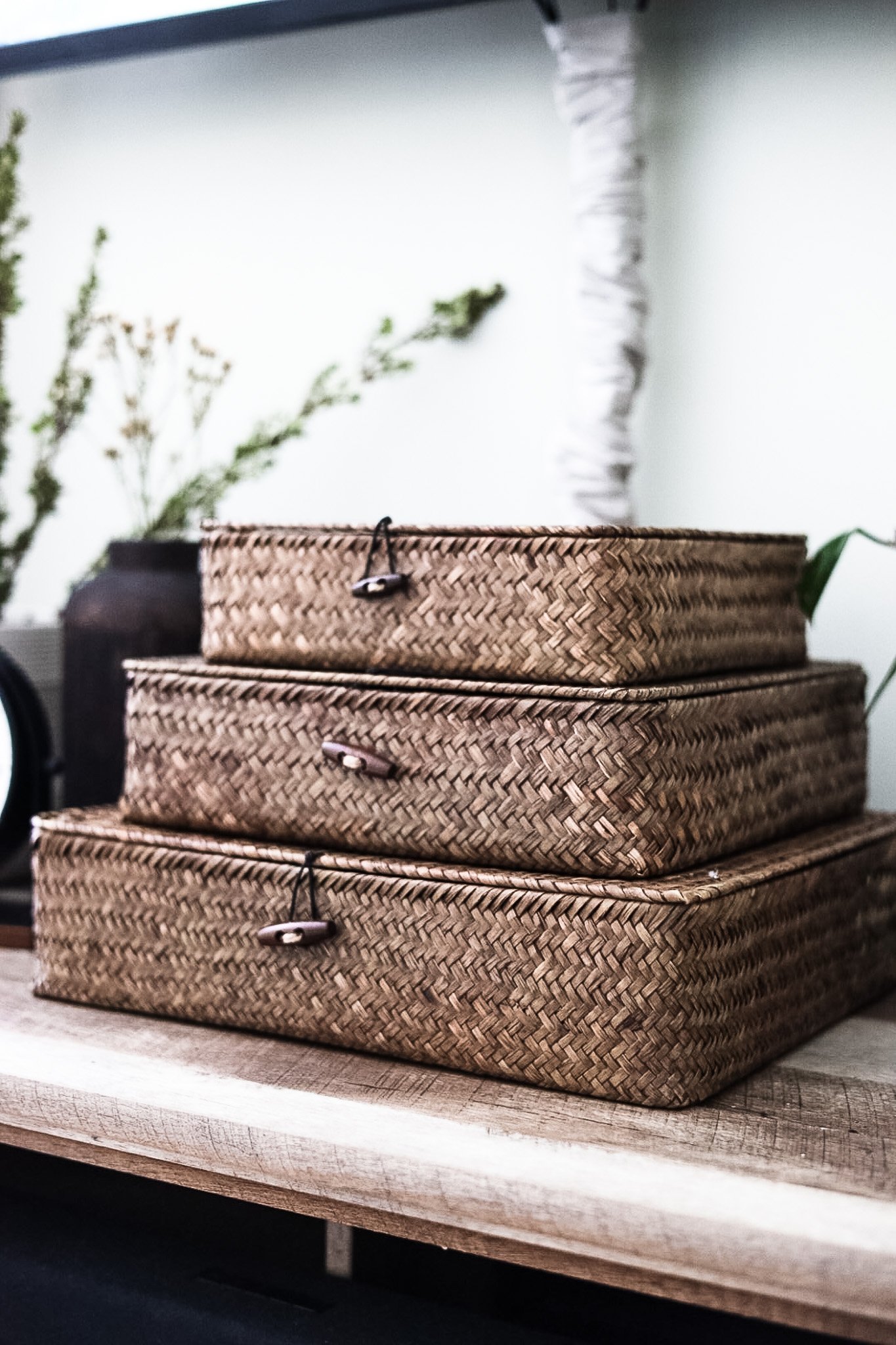 stack of rattan boxes